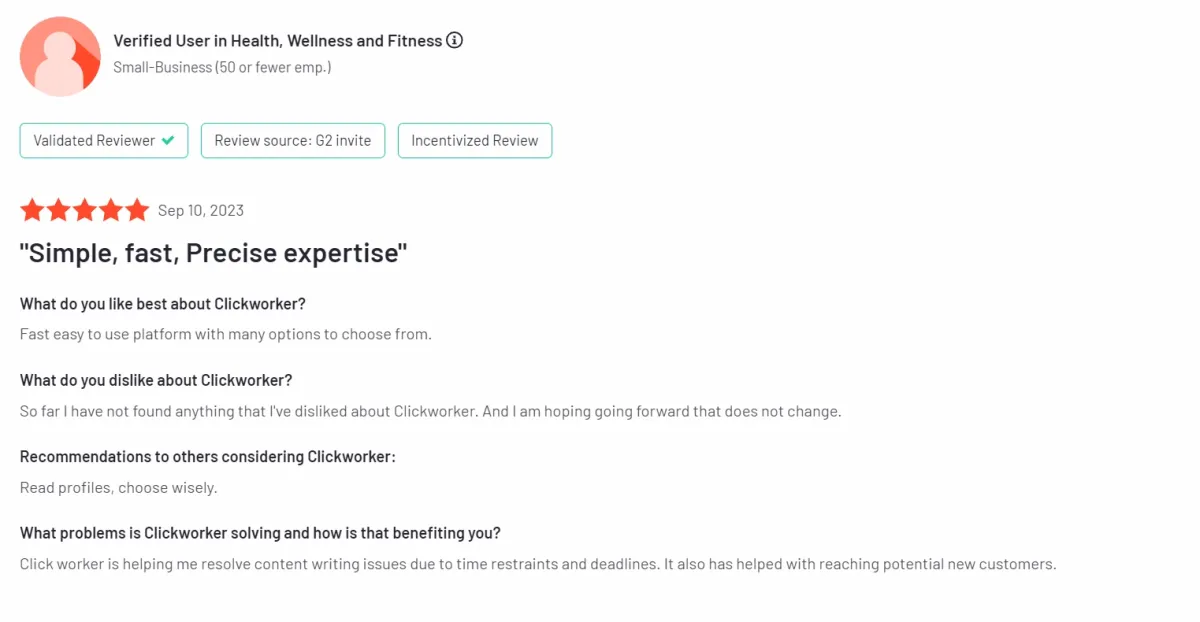 A screenshot of the review of Clickworker, which is one of the field agent competitors, from G2. 