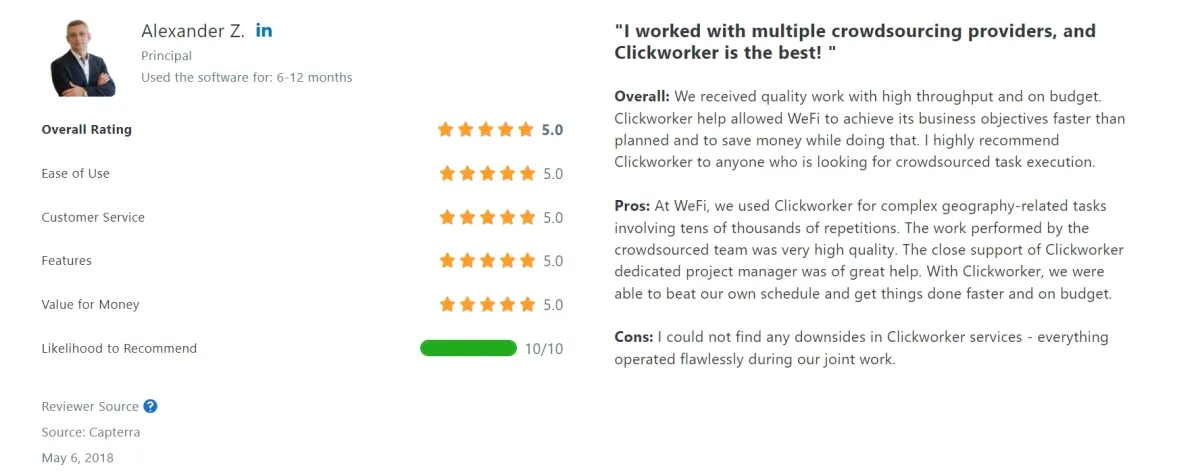 A screenshot of the above review of Clickworker, which is one of the field agent competitors, from Capterra. 