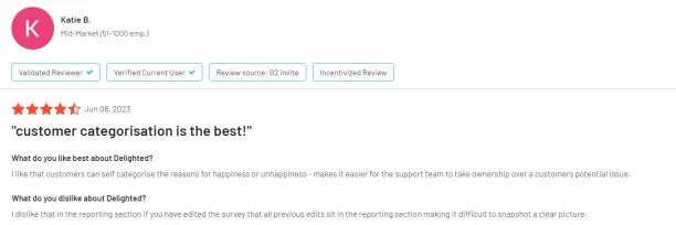 This shows a customer review on Delighted, one of the questionpro alternatives.