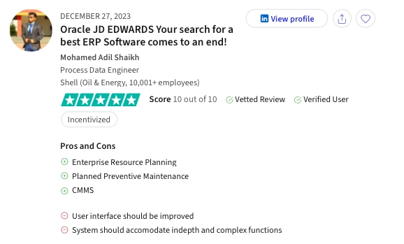 JDE orchestrator user review on trust radius focusing on ERP, CMMS and preventive maintenance capabilities as pros while user interface and functionalities as cons.