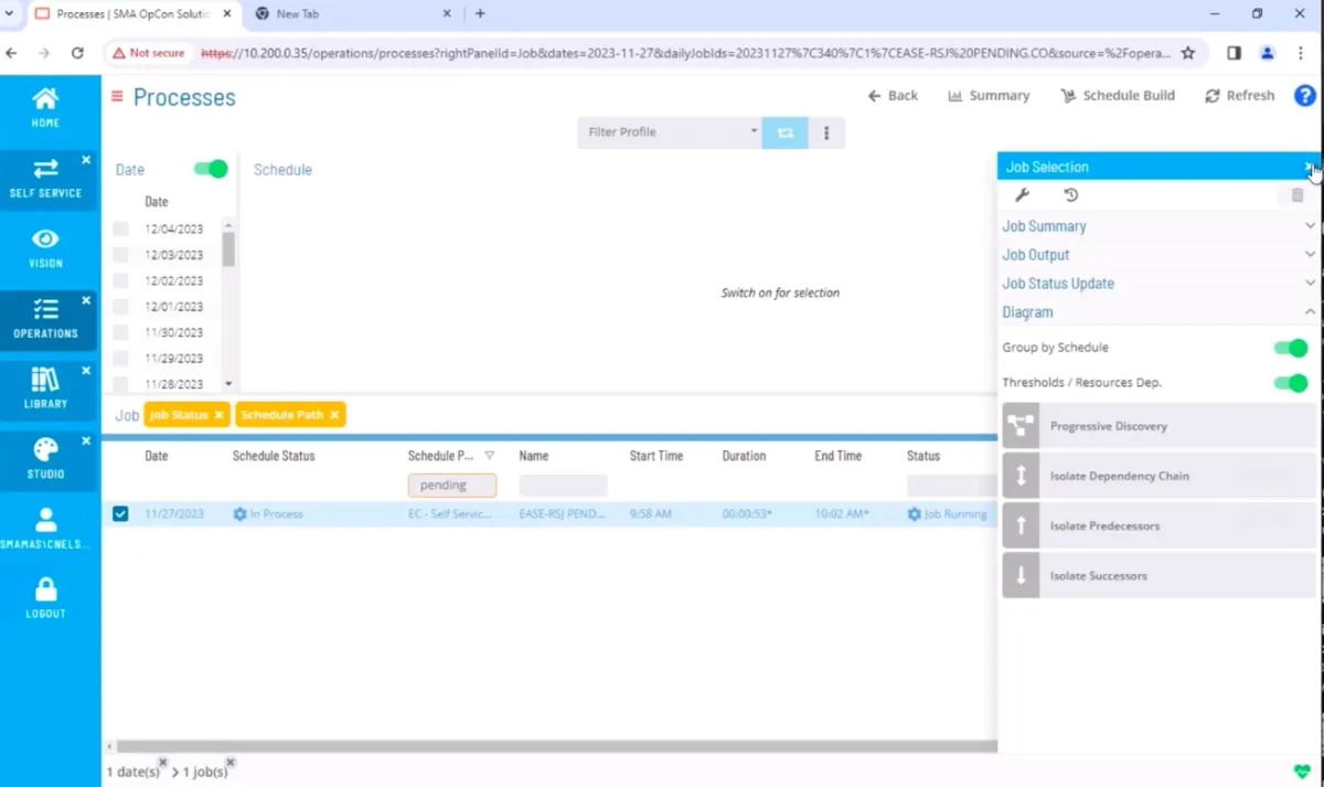 The visual shows job scheduling feature of the OpCon Automation platform