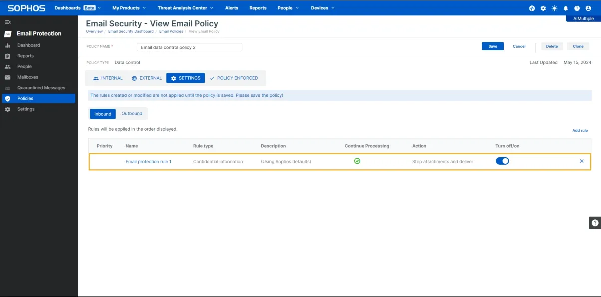 A screenshot of Sophos custom DLP policy that worked for DLP review.
