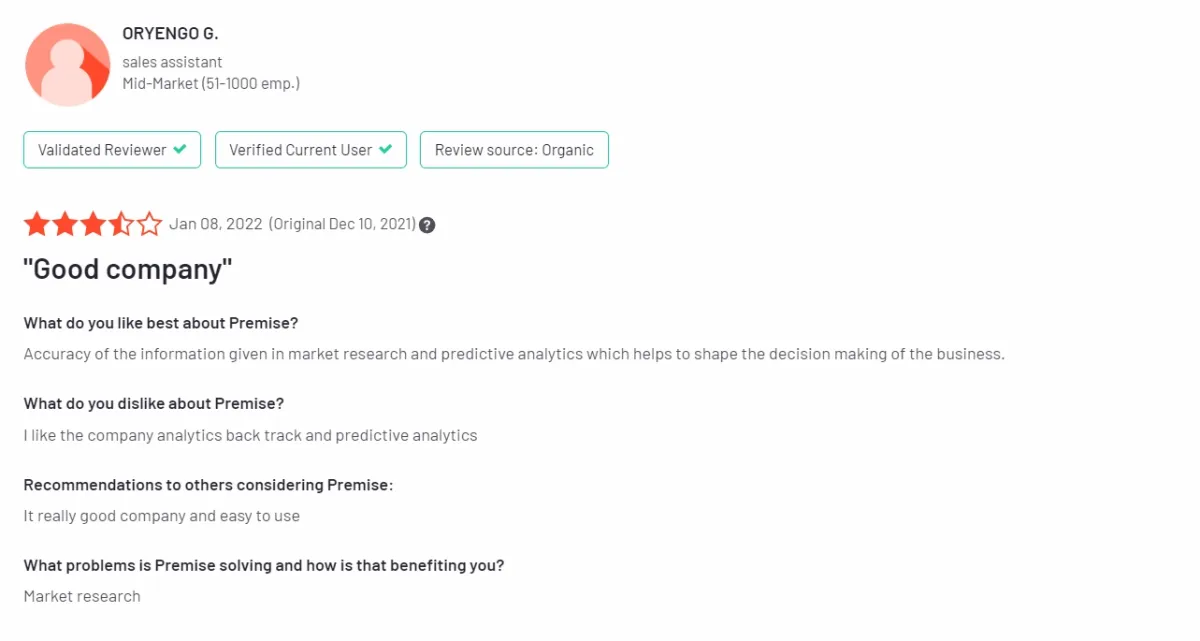 A screenshot of the review of Premise, which is one of the field agent competitors, from G2.