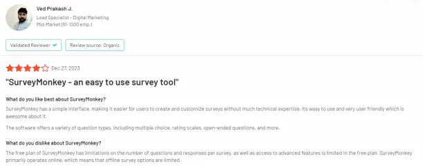 This shows a customer review on SurveyMonkey, one of the questionpro alternatives.