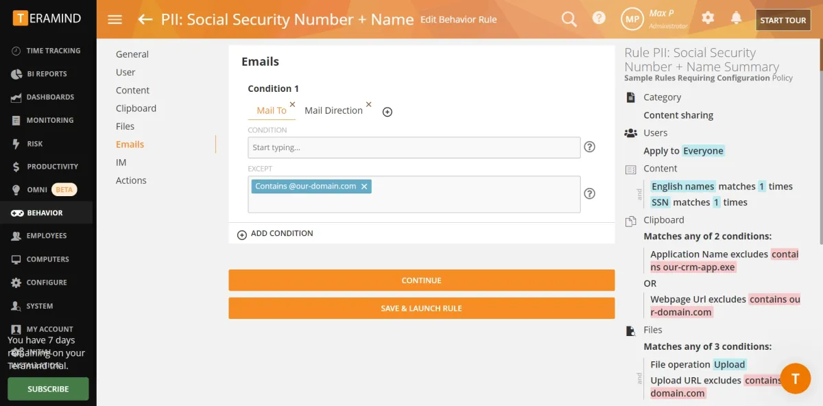 Teramind email exceptions option for dlp review.