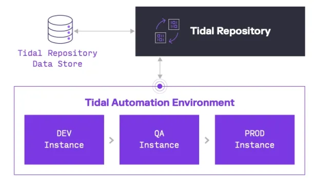 The image shows how Tidal repository extracts data from data store to connect tidal automation environment for DEV, PROD and QA Instances. 