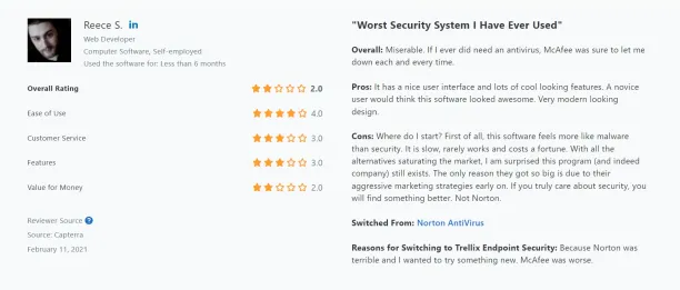 Negative Trellix review number 3 from Capterra which would leave customer to Cyberhaven competitors