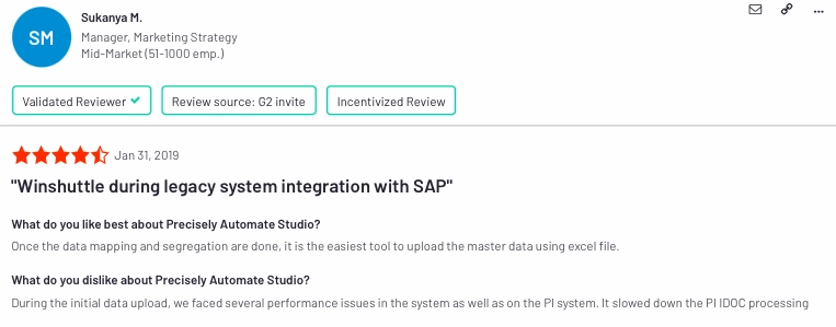 The image shows a user review explaining his likes and dislikes on the solution, assessing tool against Winshuttle competitors.