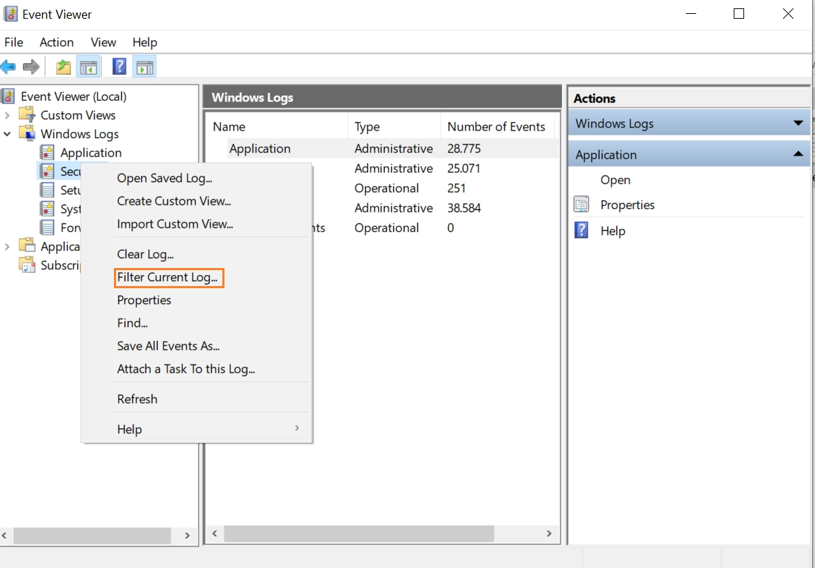 This image shows Event Viewer Dashboard, for seeing event audits of Windows Firewall audit.