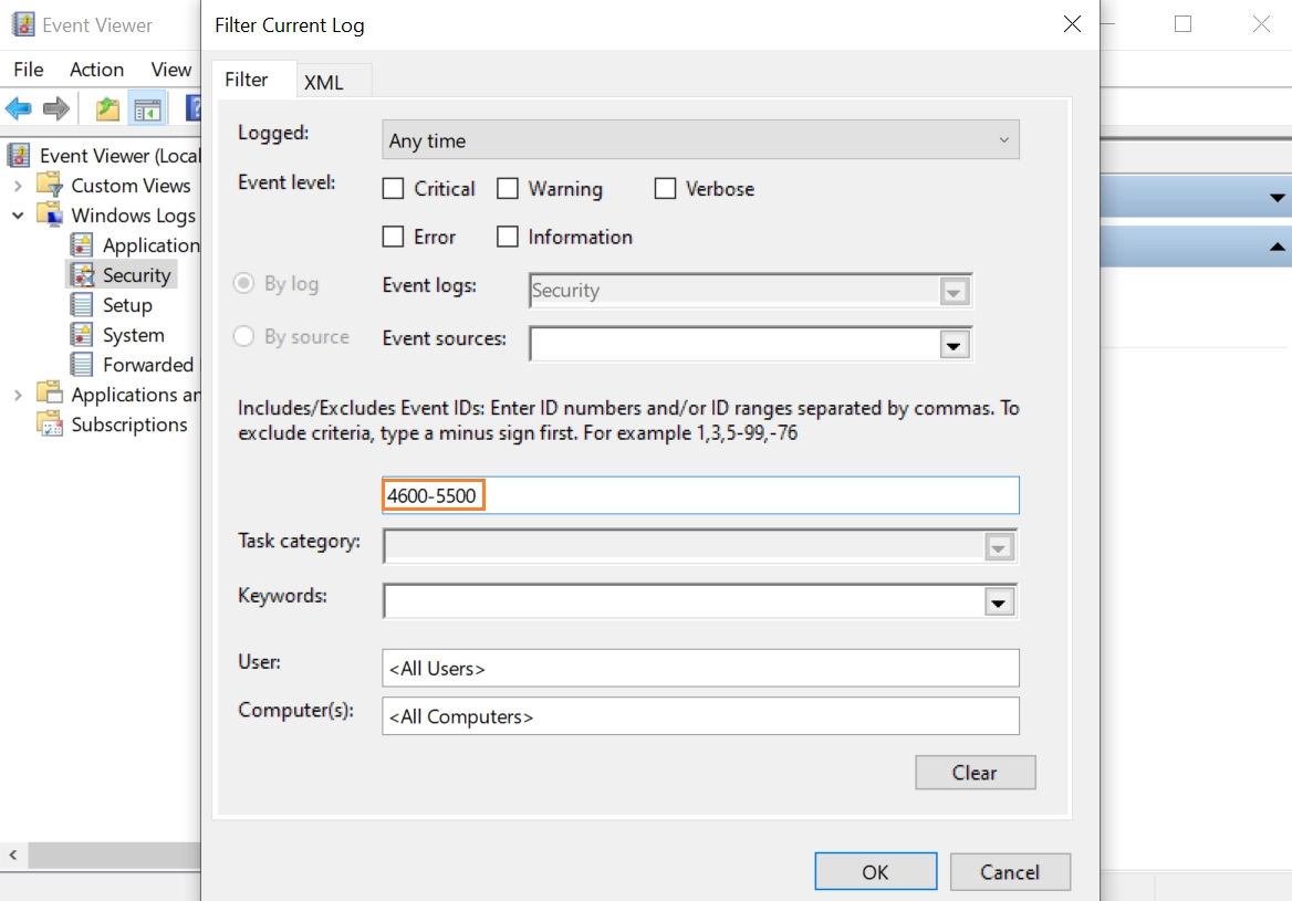 This image shows Event Viewer Dashboard, for seeing event audits of Windows Firewall audit.