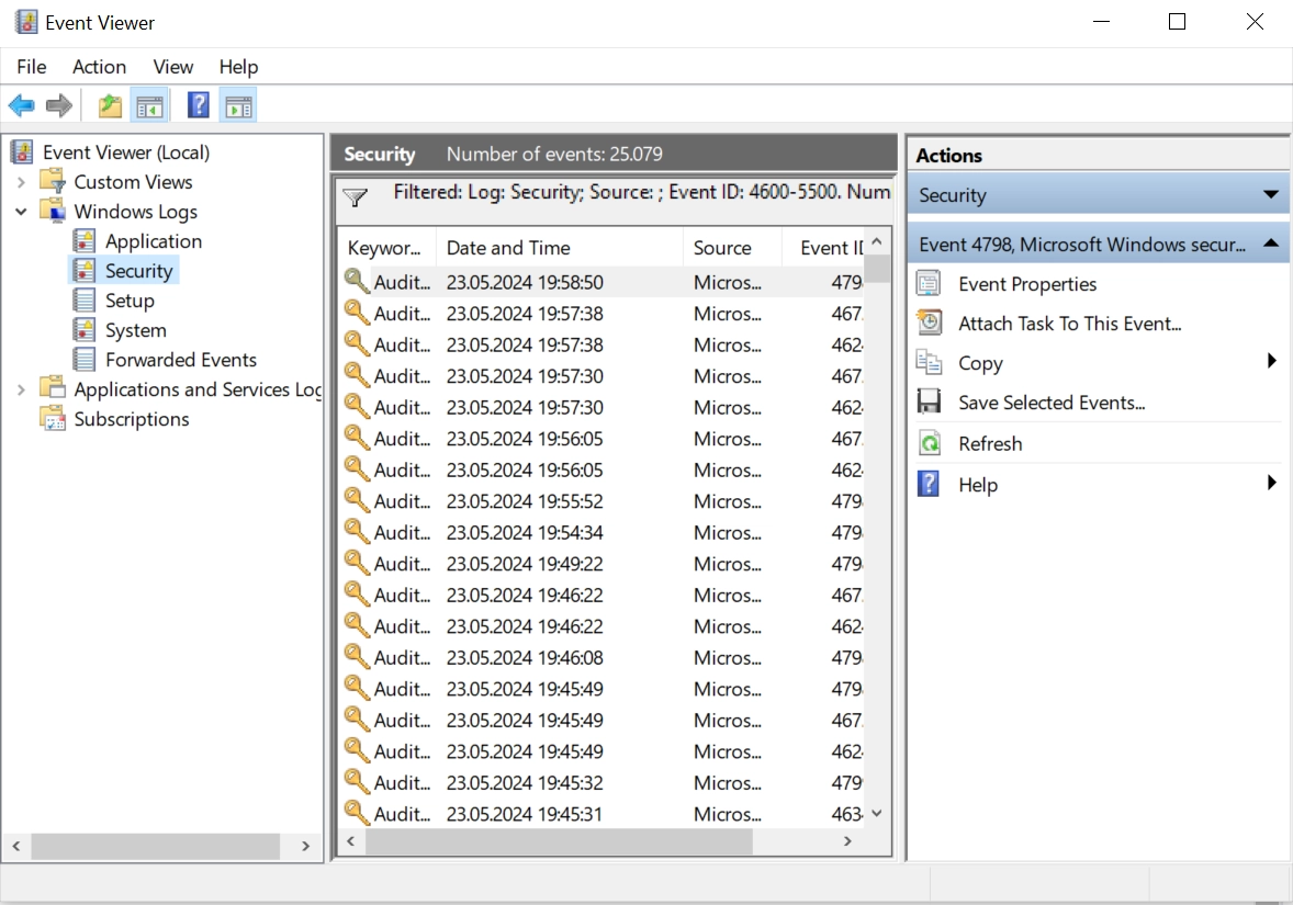 This image shows Event Viewer Dashboard, for seeing event audits of Windows Firewall audit.