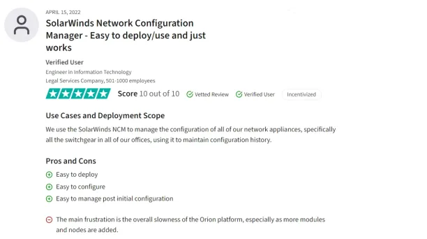 This image shows a user review on SolarWinds NCM, one of the network security automation tools.