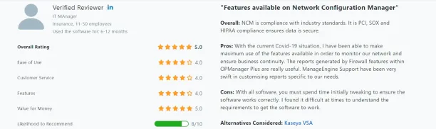 This image shows a user review on ManageEngine NCM, one of the network security automation tools.