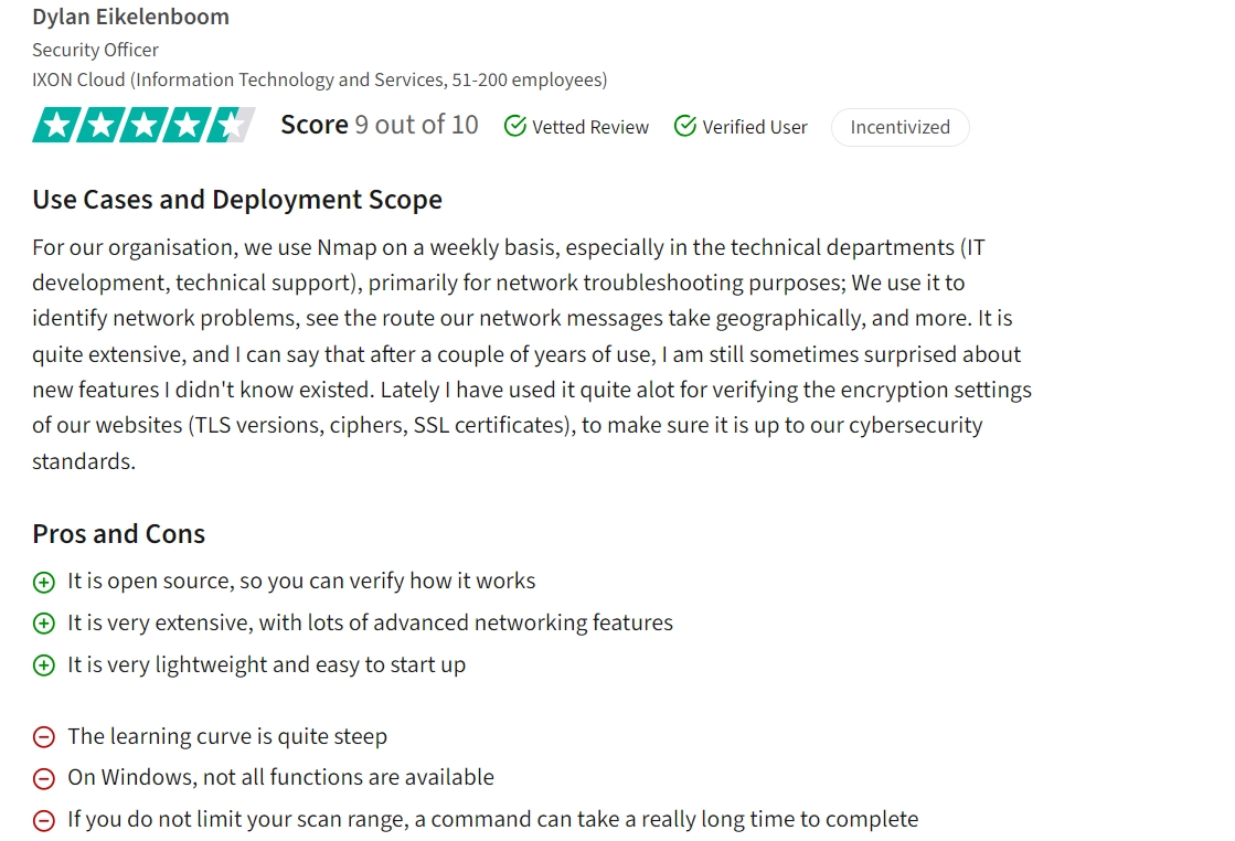 This image shows a user review of Nmap, one of the open source firewall audit tool