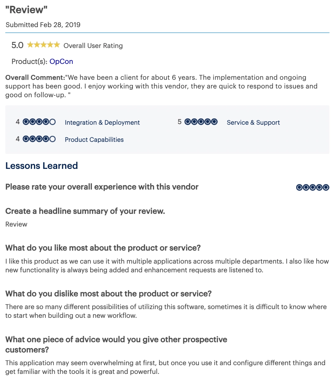 OpCon Automation user review on Gartner