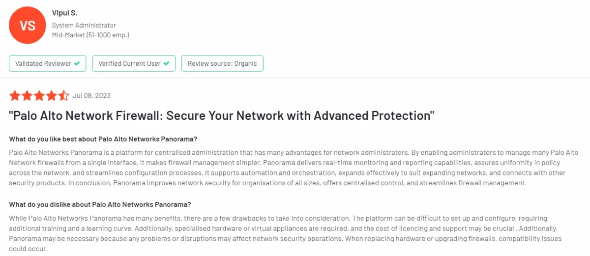 This image shows a user review on Palo Alto Network, one of the top firewall management tools.