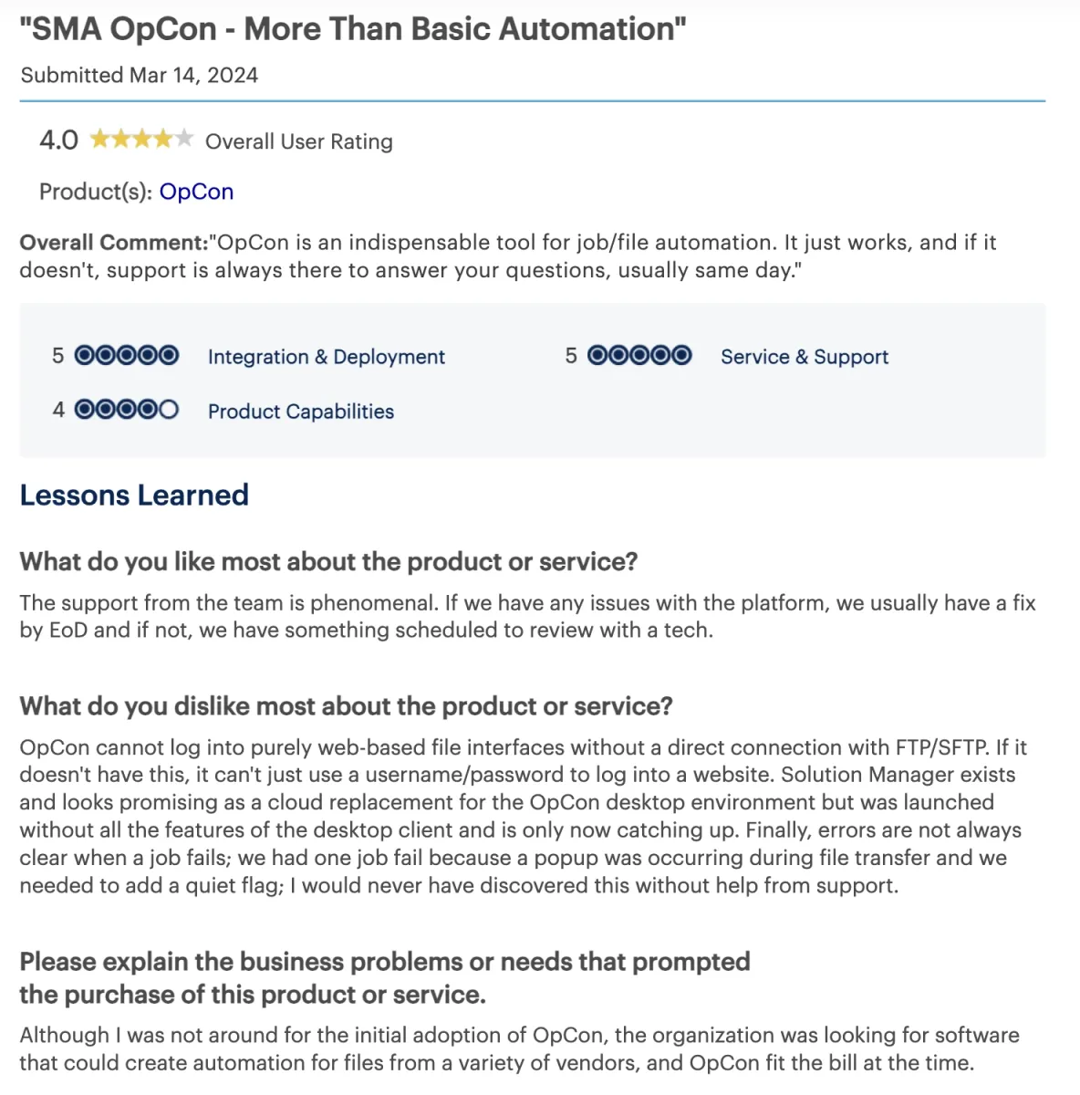 OpCon Automation software user review on Gartner