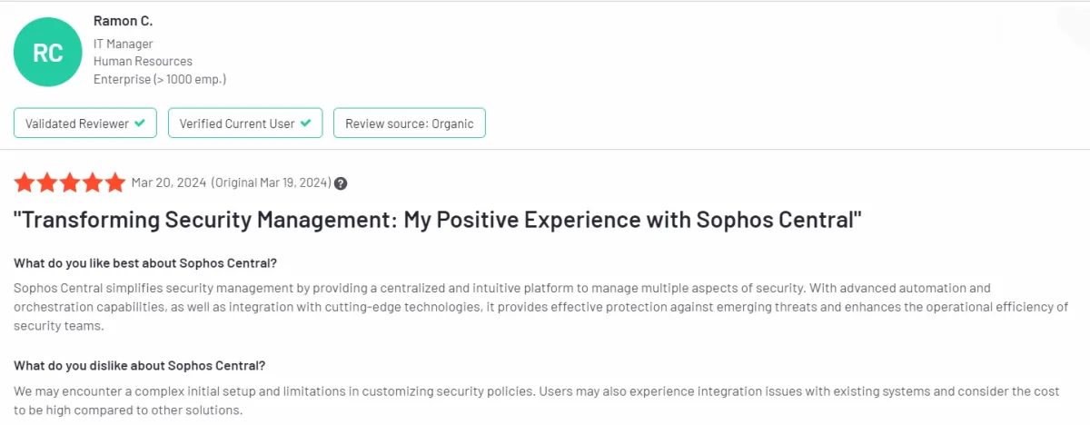 This image shows a user review on Sophos, one of the top firewall management tools.