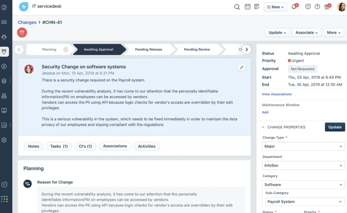 Change management tracking dashboard by Freshservice