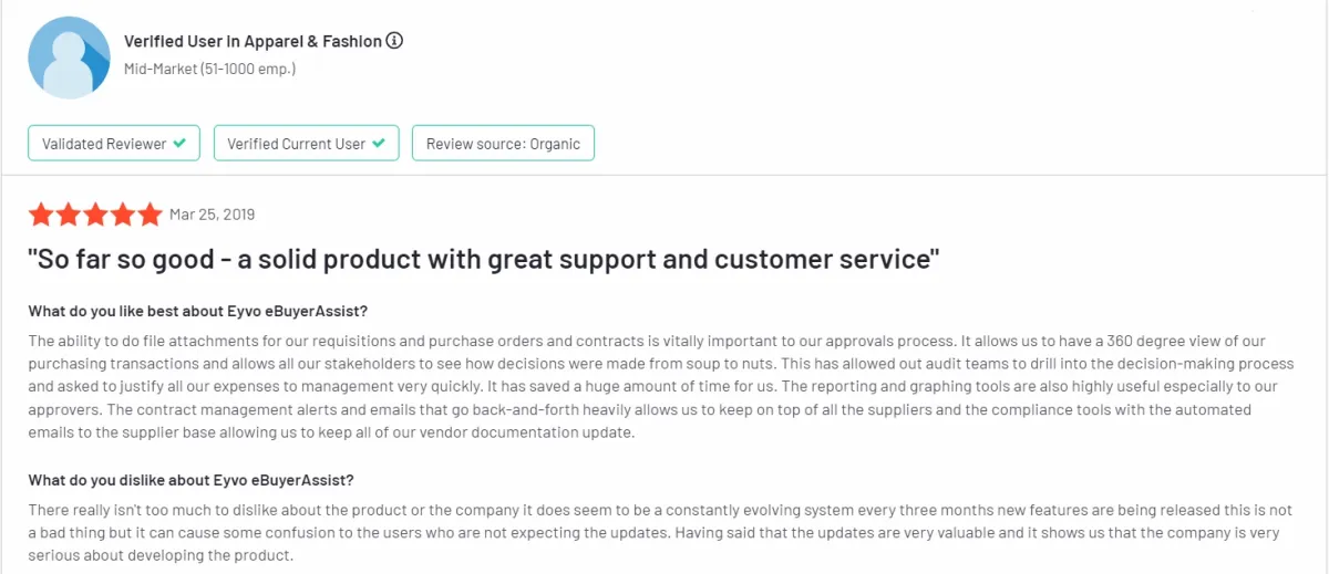 A user review on EYVO eBuyerAssist, one of the procurement software