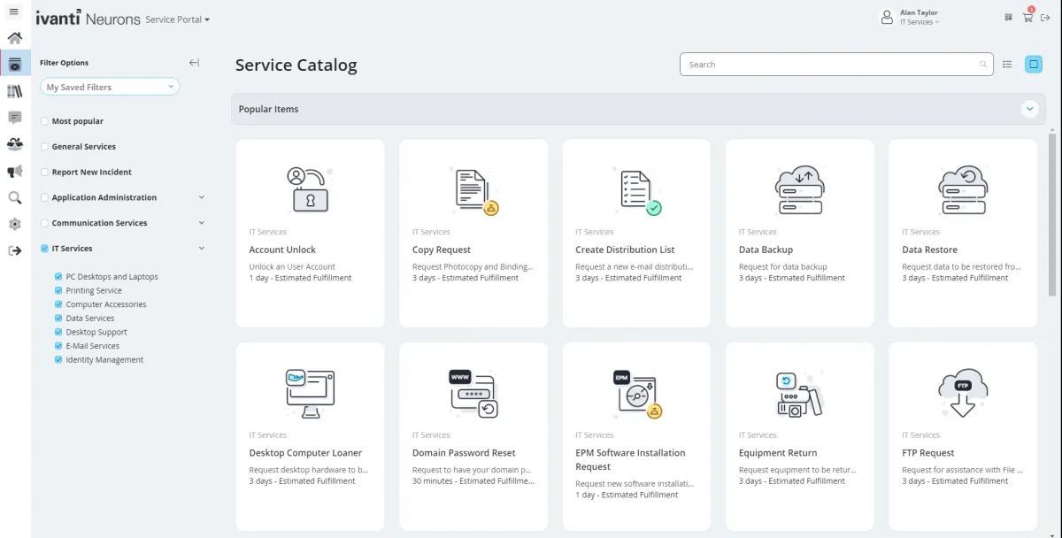 Ivanti Neurons self service catalog dashboard.
