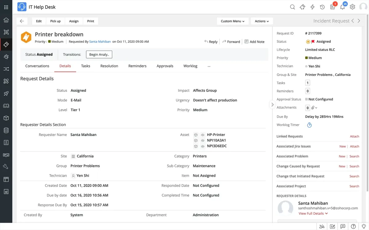 ManageEngine ServiceDesk incident management dashboard
