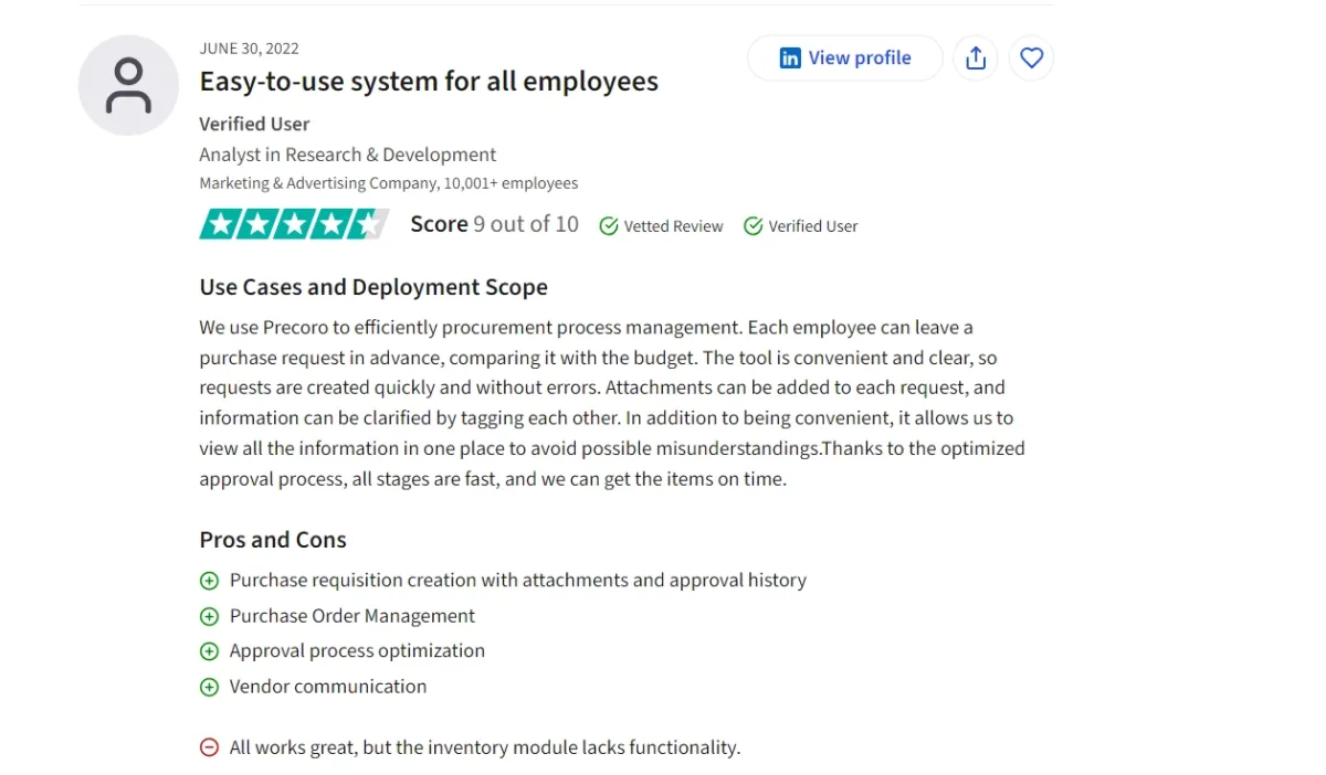 A user review on Precoro, a procurement software