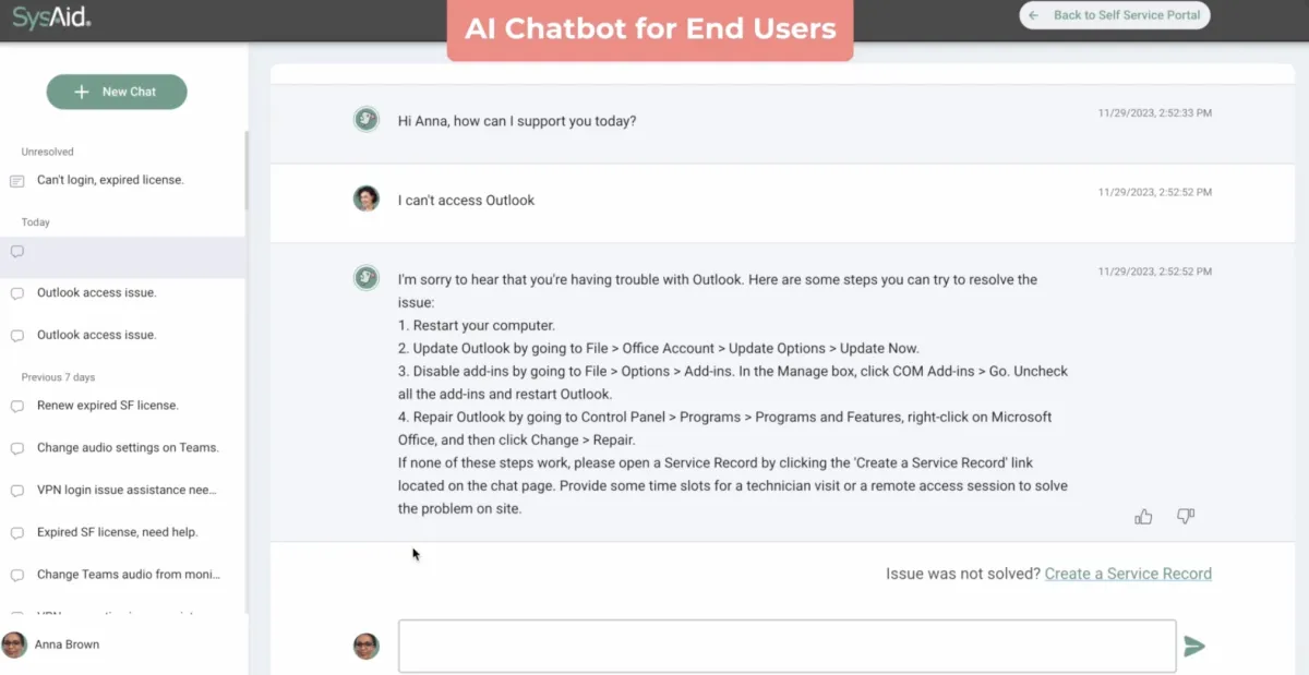 SysAid AI powered chatbot for service management.