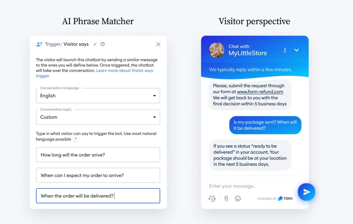 Tidio eCommerce chatbot with phrase matcher. 