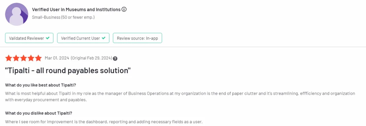 A user review on Tipalti, one of the procurement software