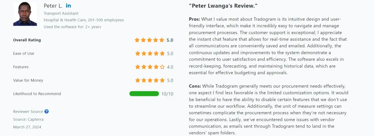 A user review on Tradogram, procurement software