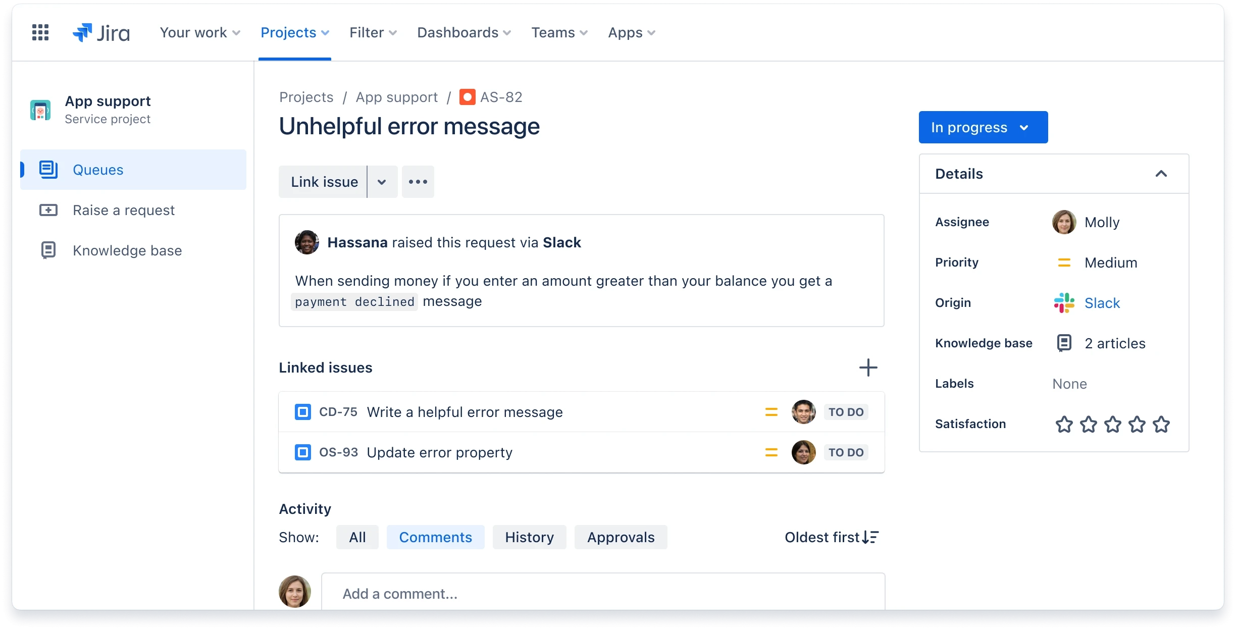 Jira Service Management support dashboard for ITSM.