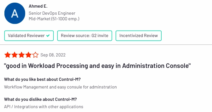 The image shows the pros (Workflow management and easy consult) and con (API/integrations with other applications) for a user, which is important while assessing control-m alternatives.