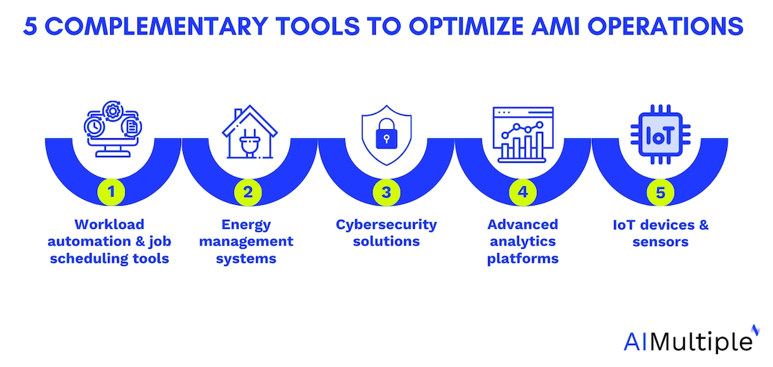 The figure shows complementary tools for advanced metering infrastructure, which are workload automation, energy management systems, cybersecurity solutions, advanced analytics platforms & IoT sensors and devices.