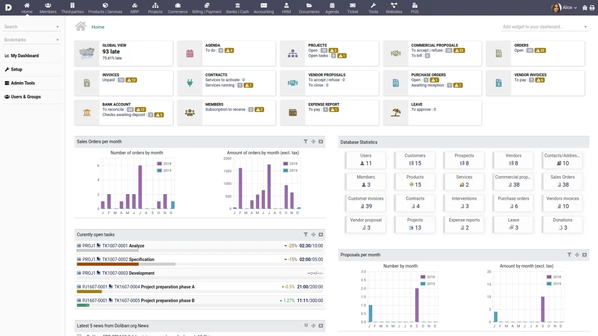 ScreenShot of Dolibarr's, an open source procurement software, dashboard