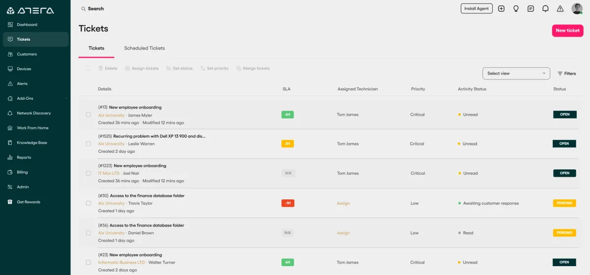 Atera ticketing dashboard for ITSM.