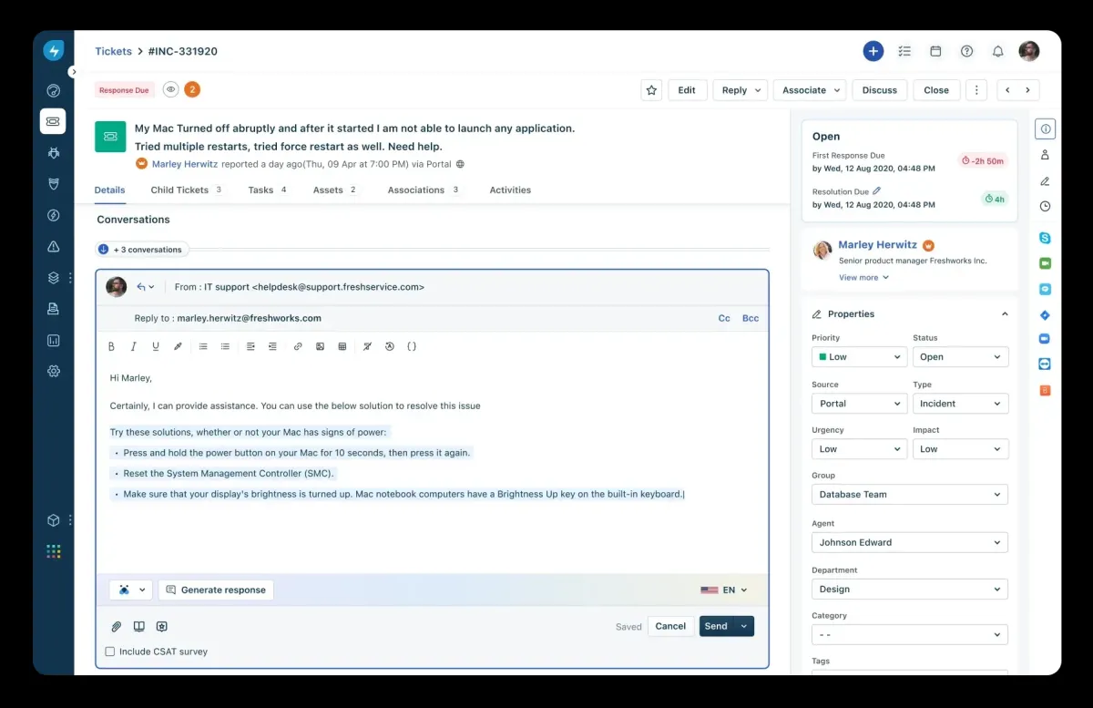 Freshservice's AI in ITSM feature Freddy AI copilot dashboard.