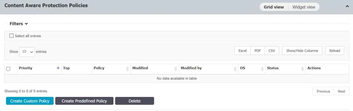 Endpoint Protector's Content Aware Protection policy creation with custom and predefined options.