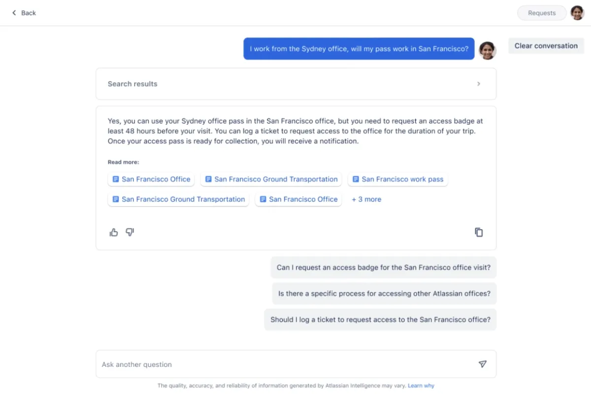 Jira AI in ITSM self-service support dashboard.