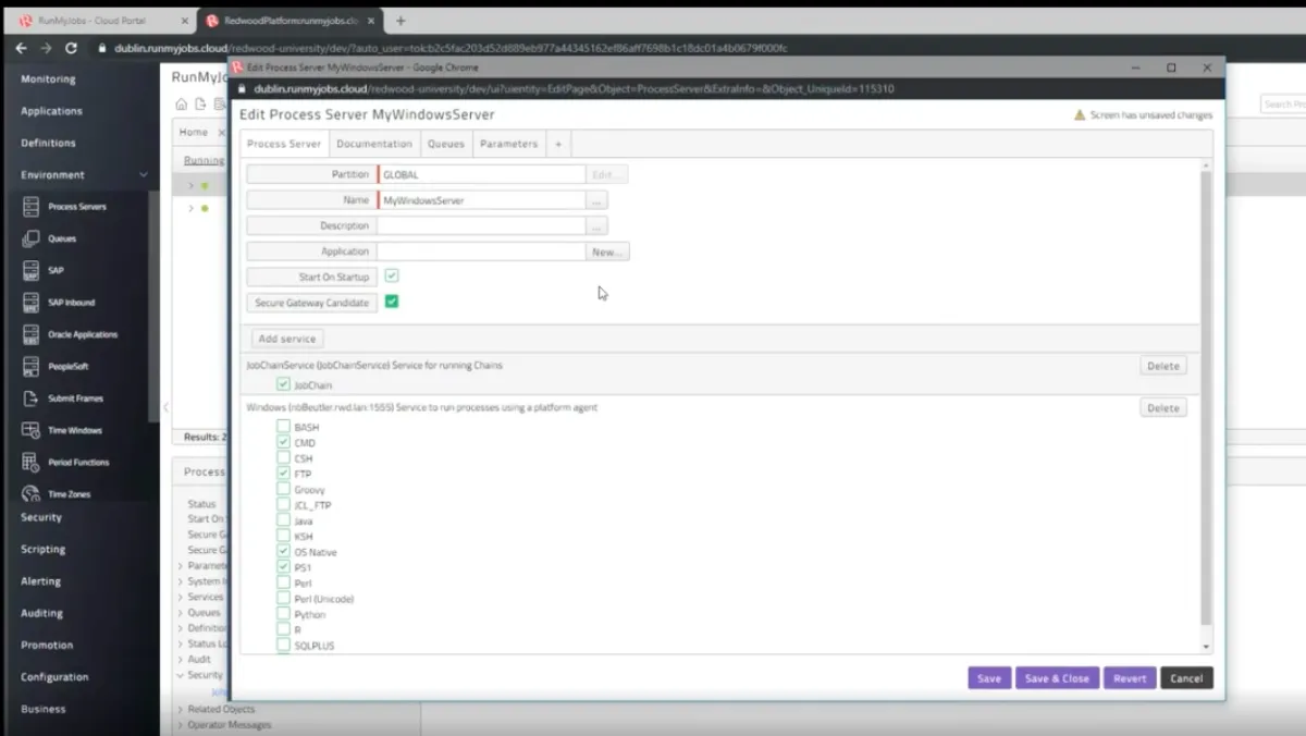 The image is taken from RunMyJobs' dashboard to illustrate how to assign a windows server as a secure gateway.