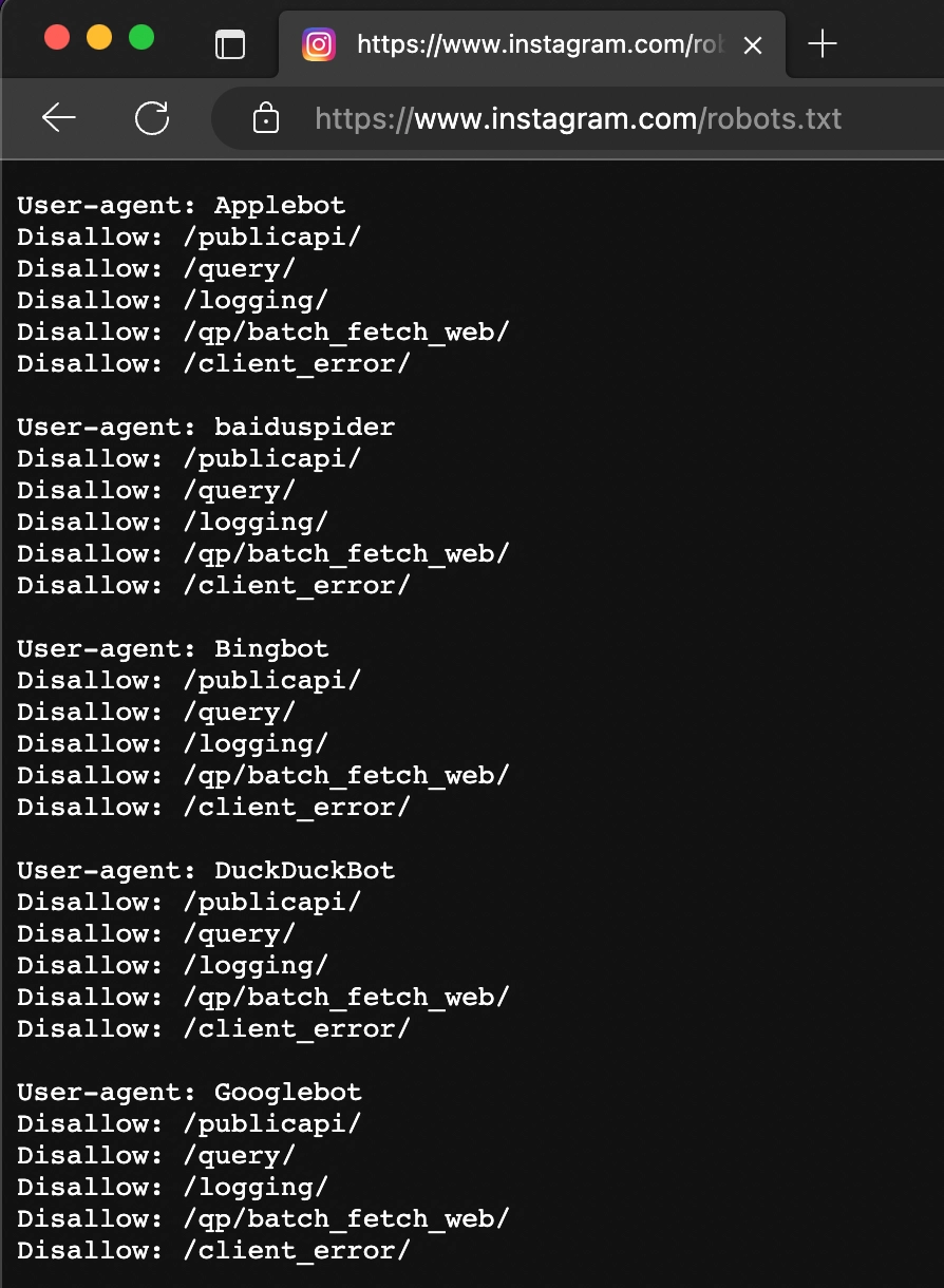 Instagram's robots.txt file specifies which pages of the website web crawlers may access.