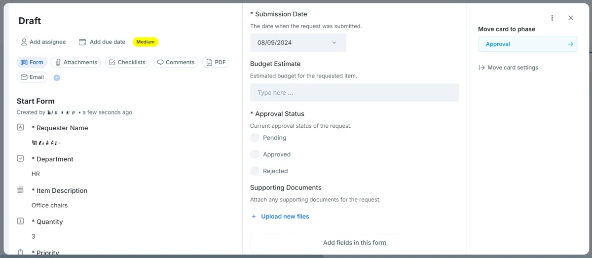 Creating purchase order in Pipefy for procurement software comparison