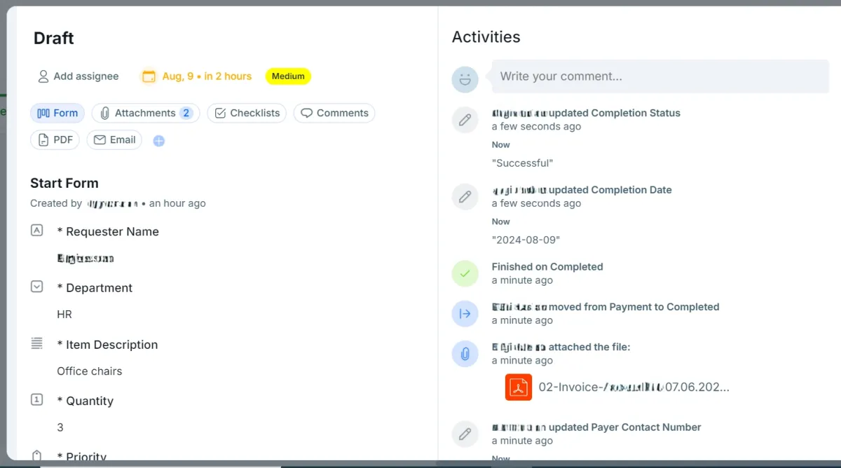 Summary of activities related to a purchase order with Pipefy for procurement software comparison