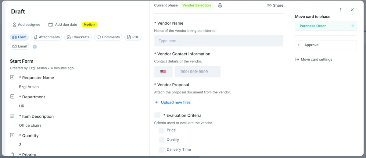 Supplier selection within Pipefy for procurement software comparison