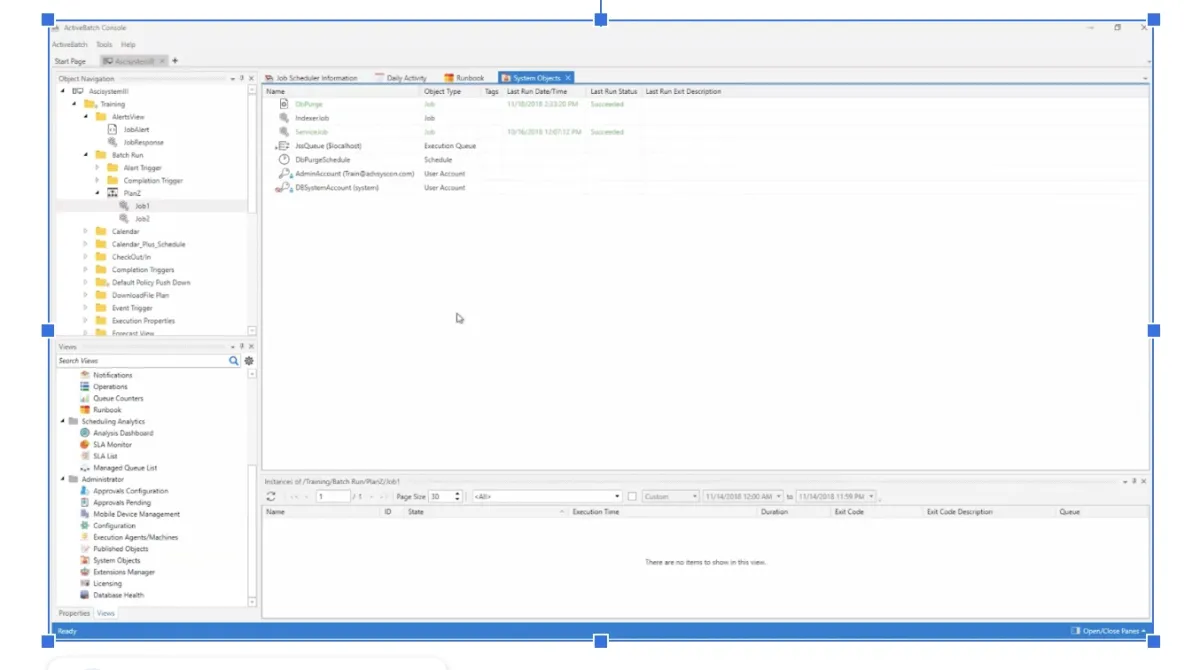 The image is taken from Redwood university, showing ActiveBatch's UI in terms of its drag and drop feature.