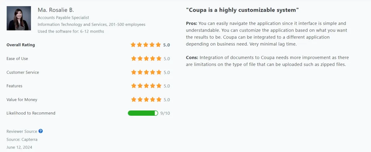 A user review on Coupa, AI procurement software