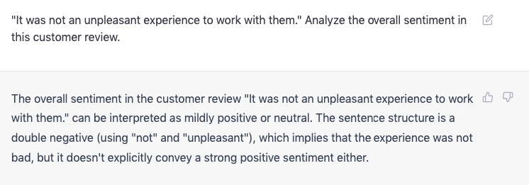 an example of Negation detection one of the Challenges of using ChatGPT sentiment analysis