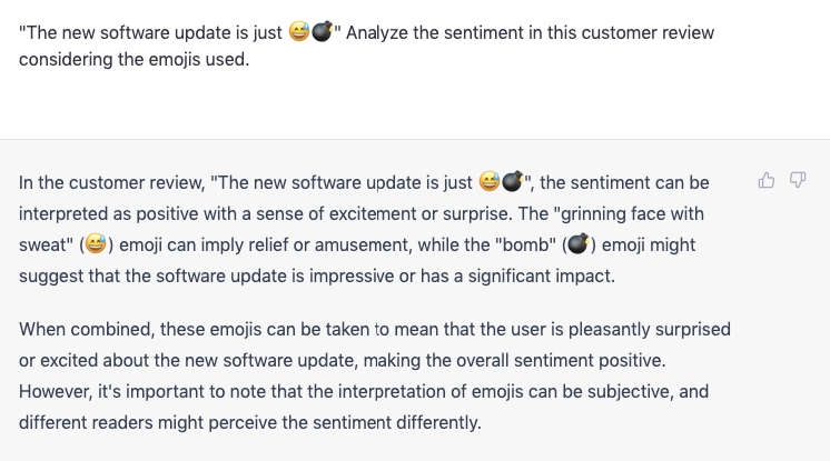 an example of use of emojis one of the Challenges of using ChatGPT sentiment analysis