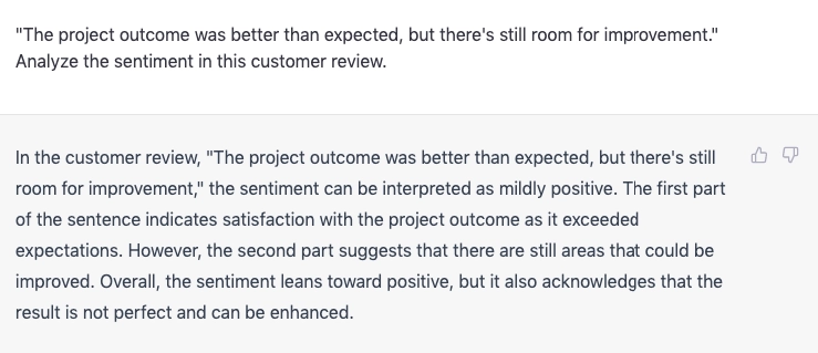 ChatGPT sentiment analysis on a customer review which is ambiguous.