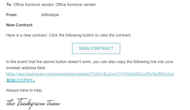 Contract sent to supplier via Tradogram for procurement software comparison